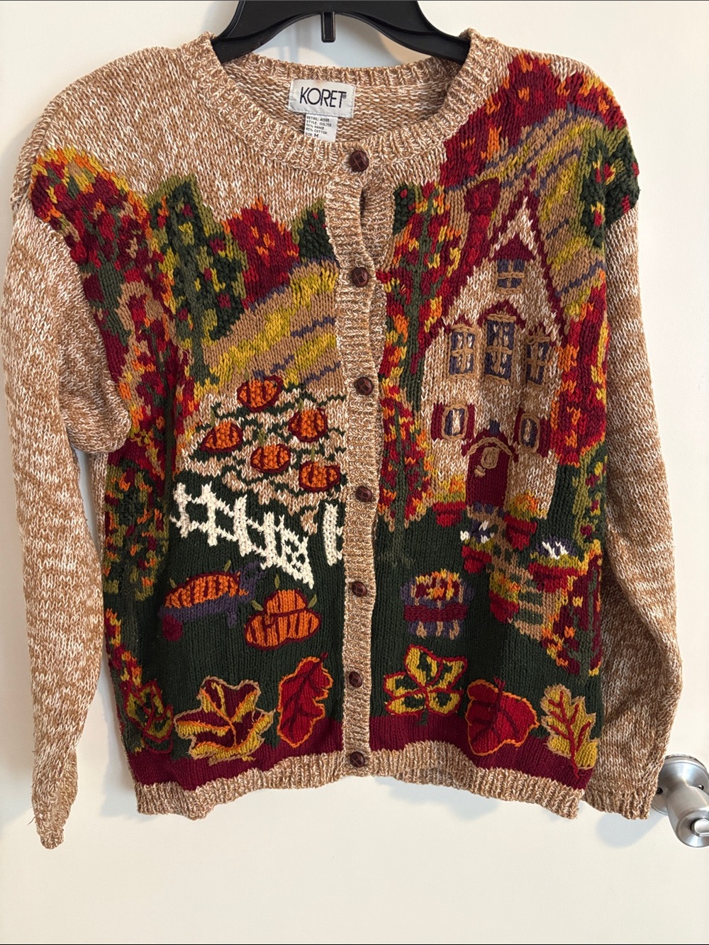 Koret Beige Cardigan with Autumn Cottage & Pumpkin Motif